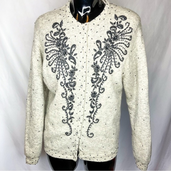 Vintage Sweaters - Vintage Pure Wool Beaded Cardigan Cream Embroidered Sweater Pearl Buttons